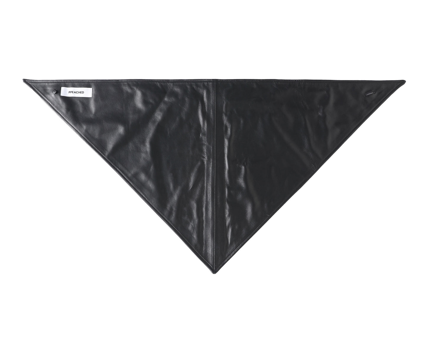 A black leather bandana or scarf with a triangular flap closure secured by a single button