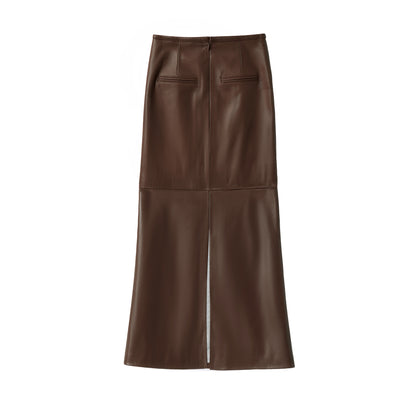 BARBARA LONG LEATHER SKIRT CHOCOLATE