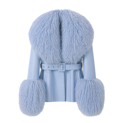 A light blue faux fur coat with a matching belt, featuring a large shawl collar and pom-pom cuffs. 