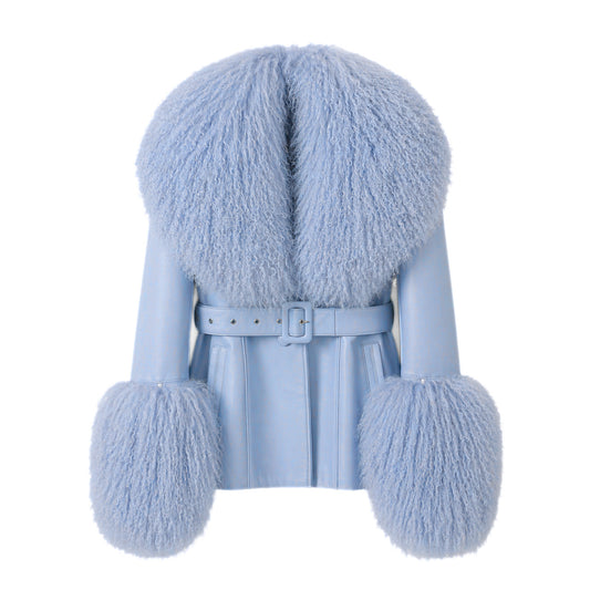 A light blue faux fur coat with a matching belt, featuring a large shawl collar and pom-pom cuffs. 