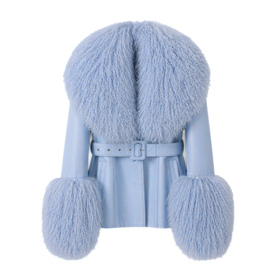 A light blue faux fur coat with a matching belt, featuring a large shawl collar and pom-pom cuffs. 
