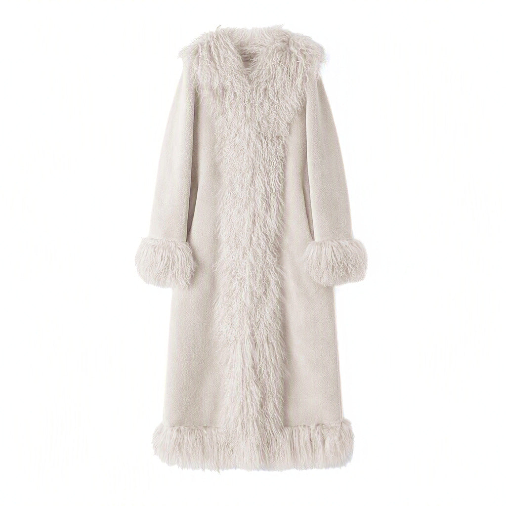 A long, open-front coat in a light cream or off-white wool fur material, featuring a shawl collar, long sleeves with matching  fur cuffs, and a fringed hem