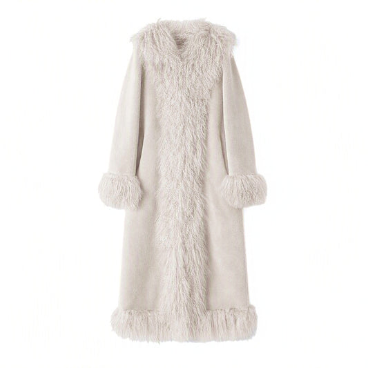 A long, open-front coat in a light cream or off-white wool fur material, featuring a shawl collar, long sleeves with matching  fur cuffs, and a fringed hem