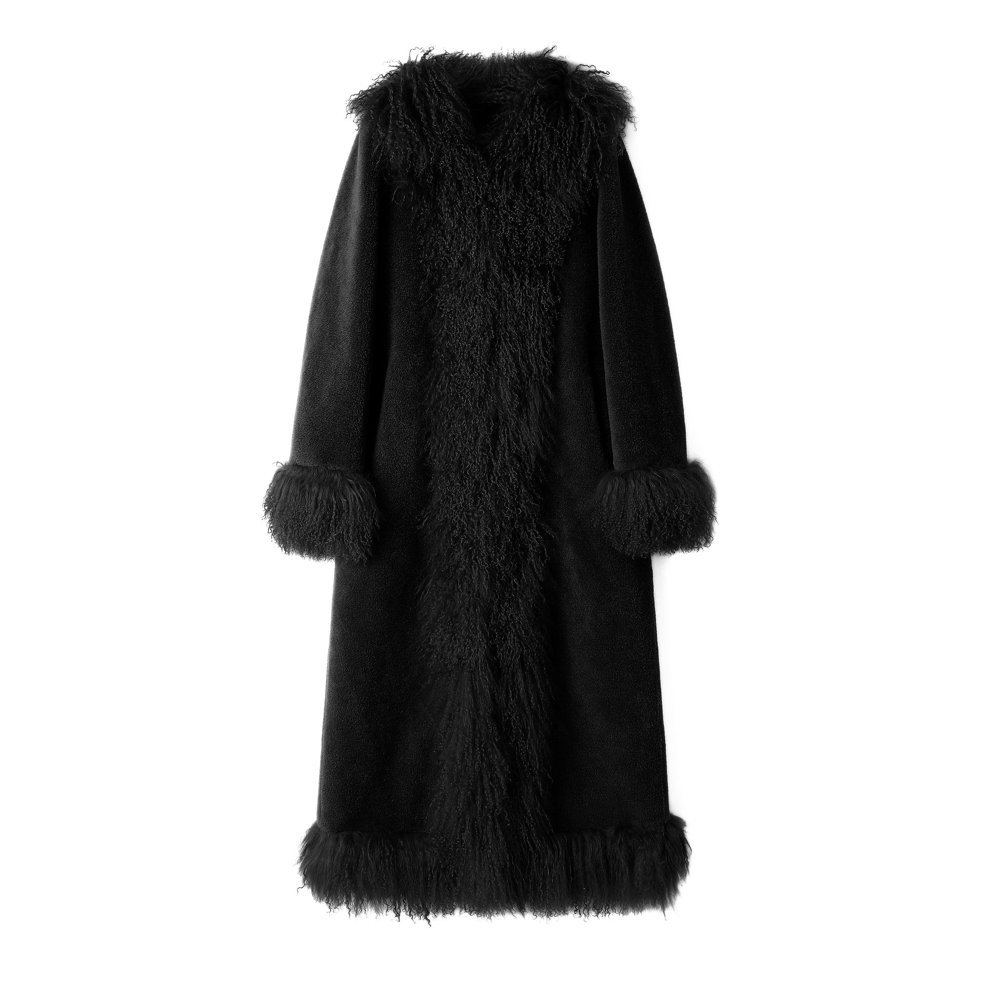 A long black coat with shaggy fur trim on the collar, front panel, cuffs, and hem