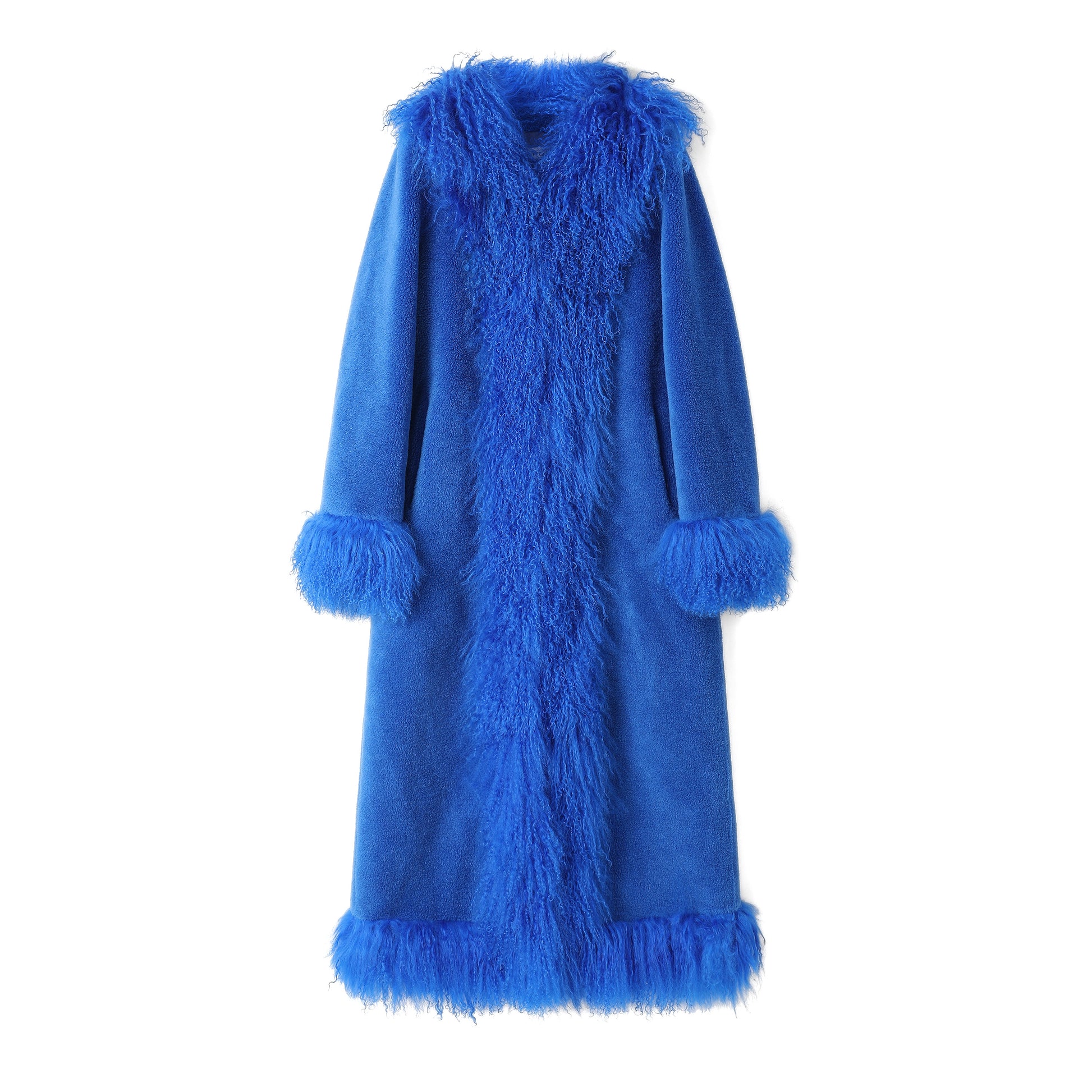 A long, open-front coat in a vibrant blue  wool fur material, featuring a shawl collar, long sleeves with matching  fur cuffs, and a fringed hem