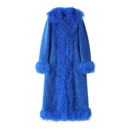 A long, open-front coat in a vibrant blue  wool fur material, featuring a shawl collar, long sleeves with matching  fur cuffs, and a fringed hem