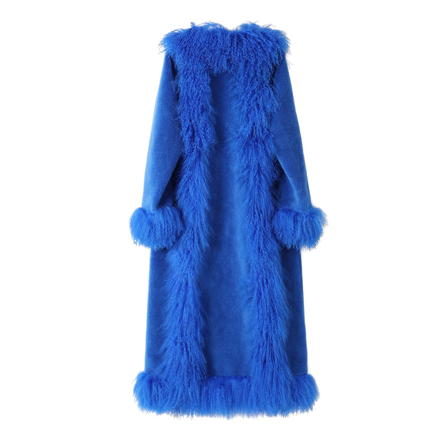 A bright blue wool coat with a matching wool body, featuring a high fluffy collar, long sleeves with pom-pom cuffs, and a fluffy hem