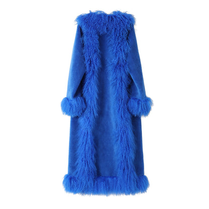 A bright blue wool coat with a matching wool body, featuring a high fluffy collar, long sleeves with pom-pom cuffs, and a fluffy hem
