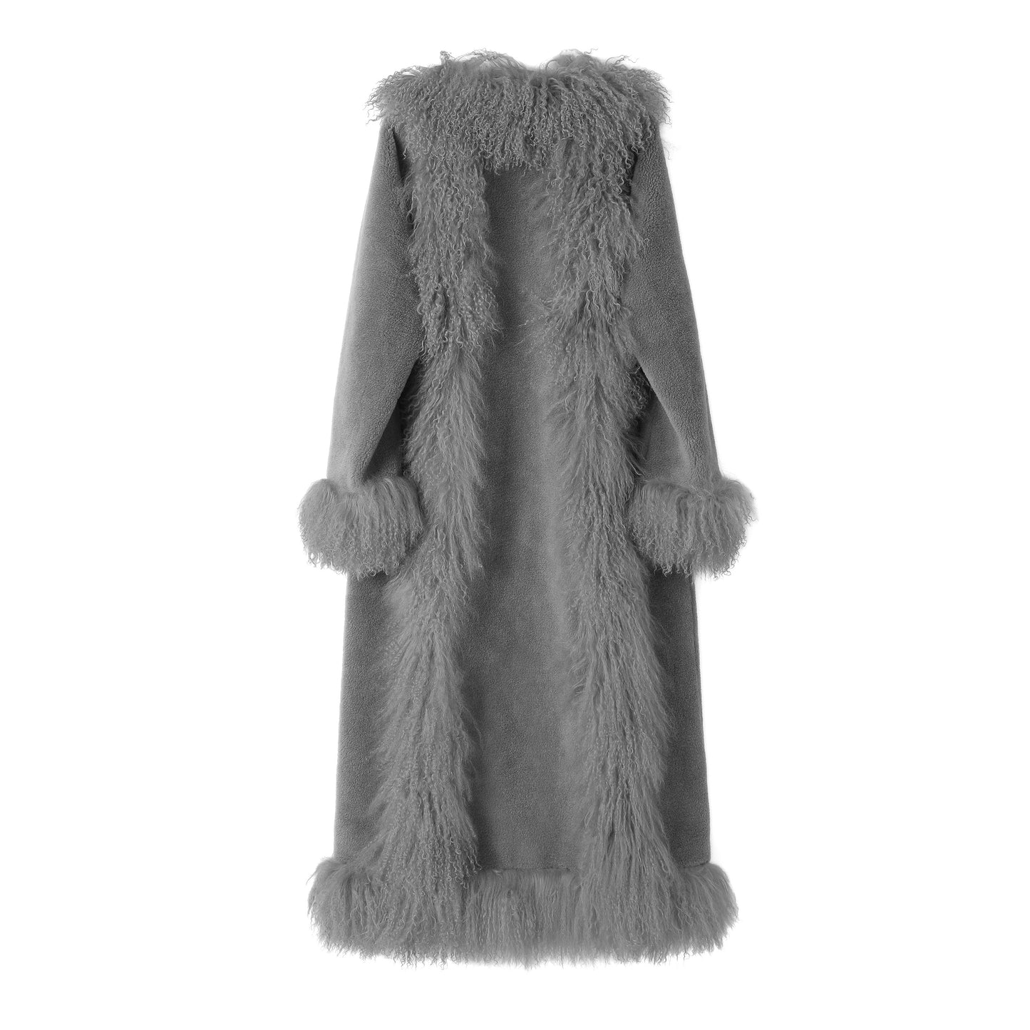 A long gray wool fur coat with a shaggy, textured finish, featuring a high collar, long sleeves, and matching pom-pom cuffs