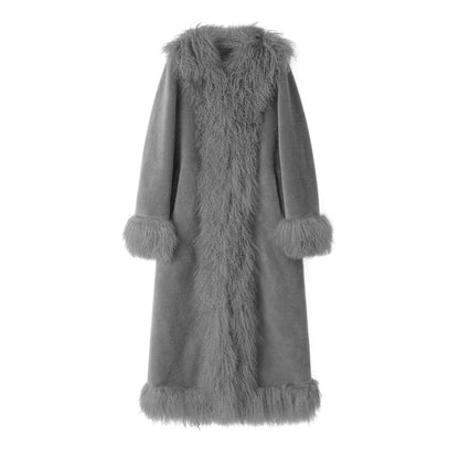 A long gray fur coat with a matching gray fur collar, cuffs, and hem