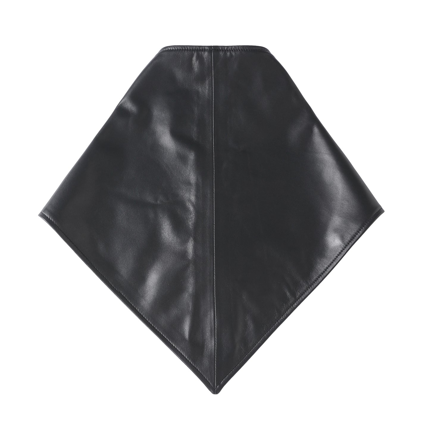 A black leather bandana or scarf with a triangular flap closure secured by a single button