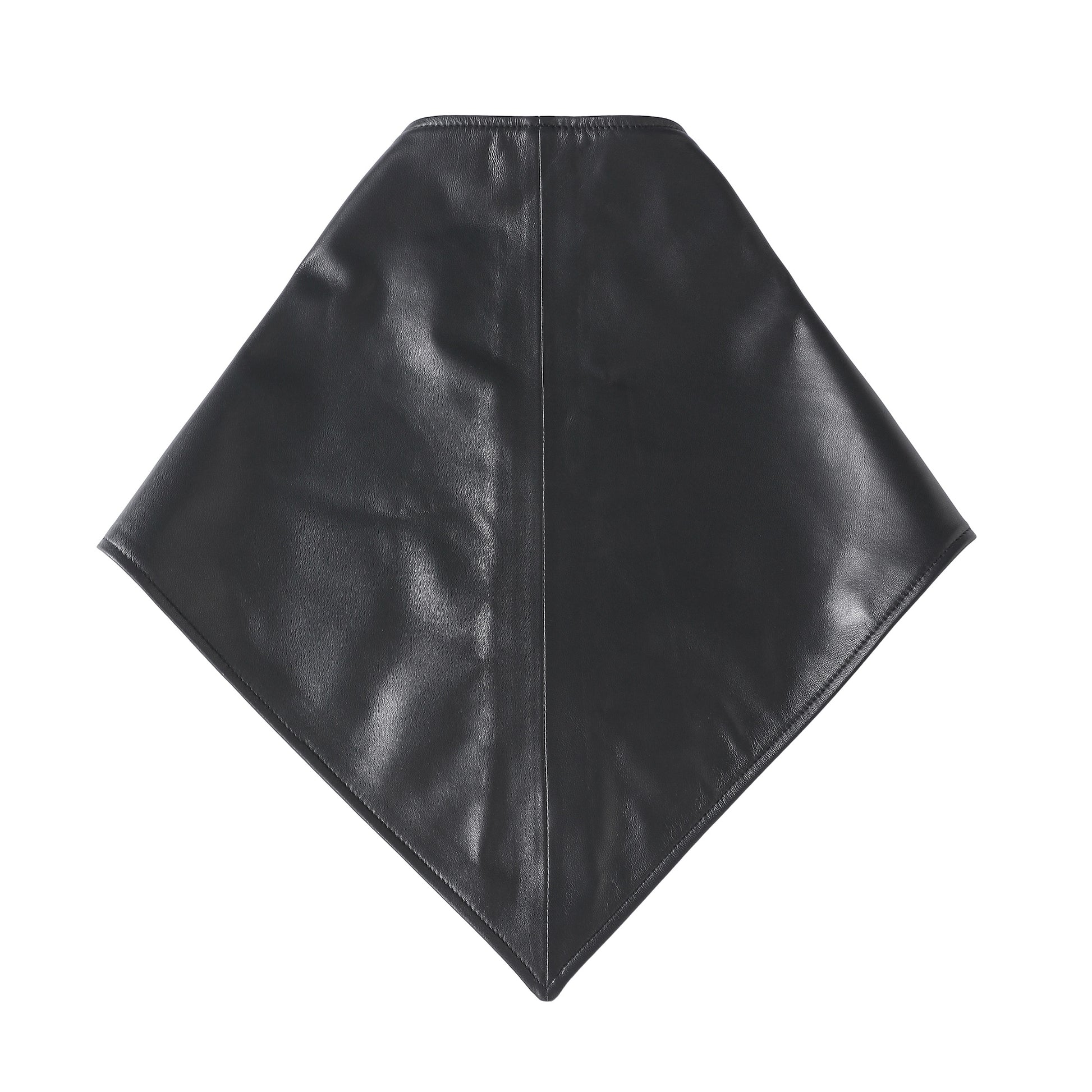 A black leather bandana or scarf with a triangular flap closure secured by a single button