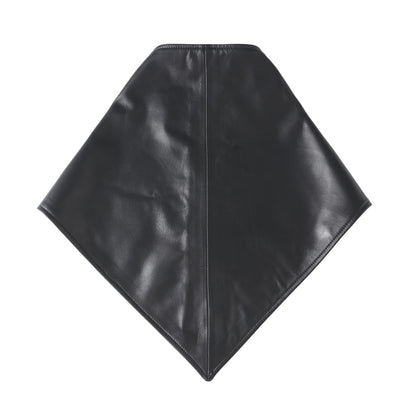 A black leather bandana or scarf with a triangular flap closure secured by a single button