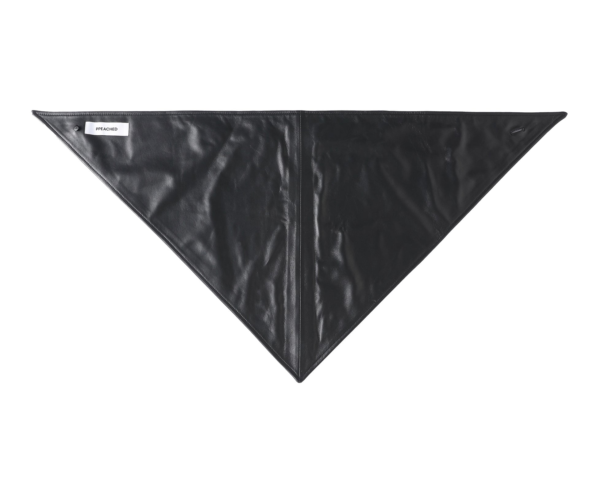 A black leather bandana or scarf with a triangular flap closure secured by a single button
