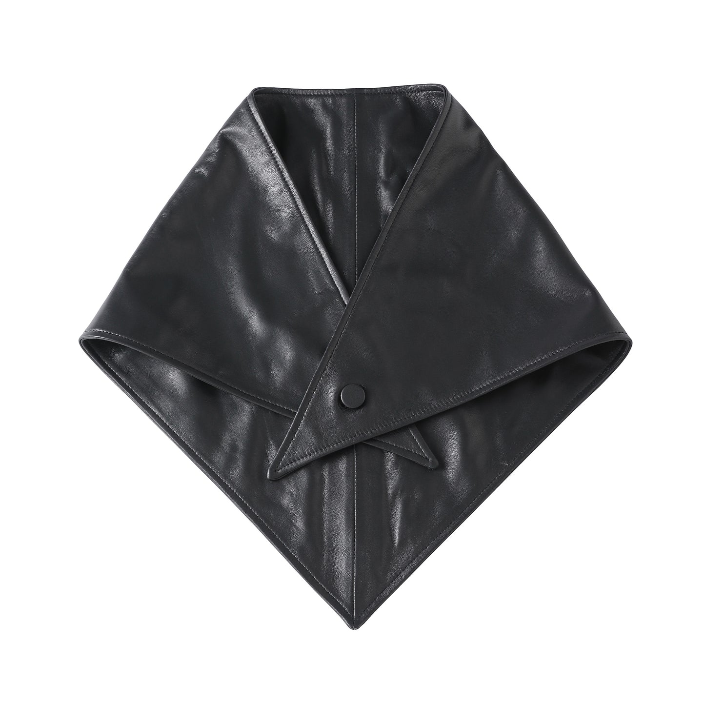 A black leather bandana or scarf with a triangular flap closure secured by a single button