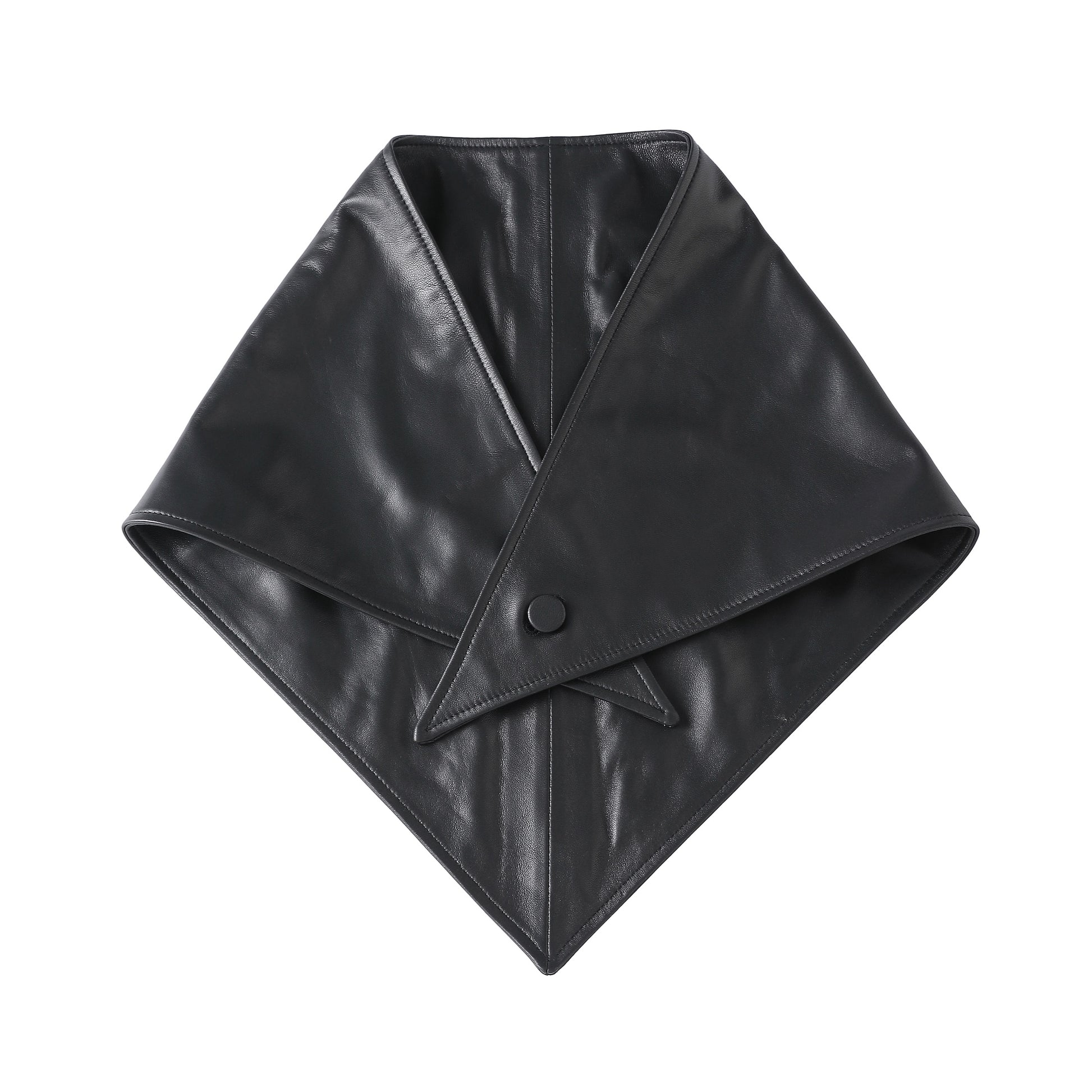 A black leather bandana or scarf with a triangular flap closure secured by a single button