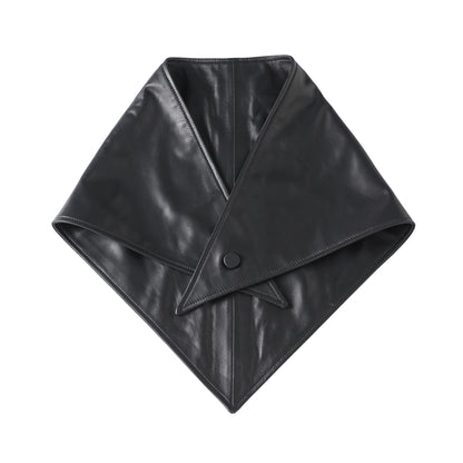 A black leather bandana or scarf with a triangular flap closure secured by a single button
