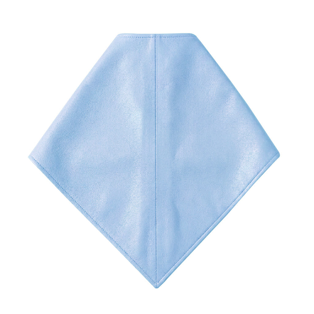 A light blue, diamond-shaped leather bandana or neck gaiter with a central vertical seam