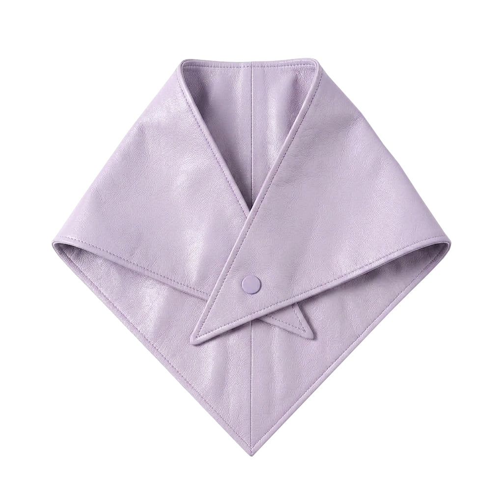 A lilac purple leather bandana or scarf with a triangular flap closure secured by a single button