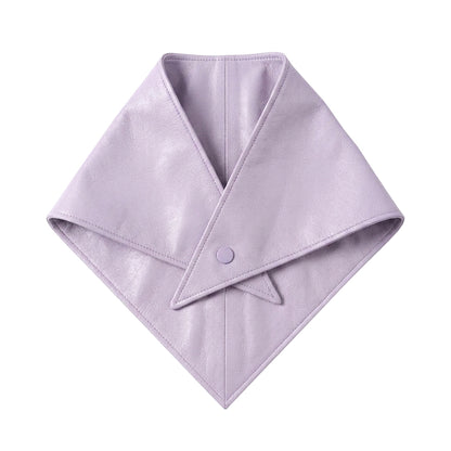 A lilac purple leather bandana or scarf with a triangular flap closure secured by a single button
