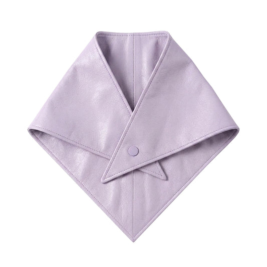 A lilac purple leather bandana or scarf with a triangular flap closure secured by a single button