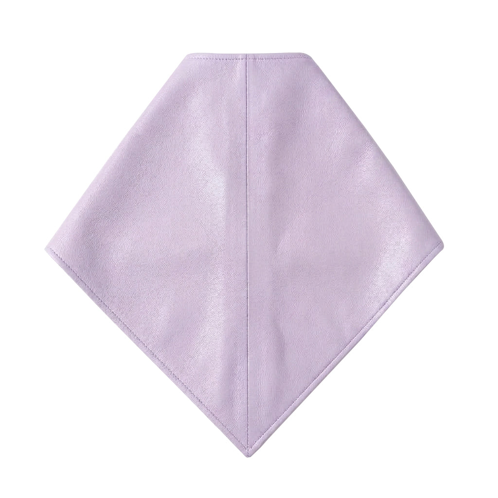 A lilac purple leather bandana or scarf with a triangular flap closure secured by a single button