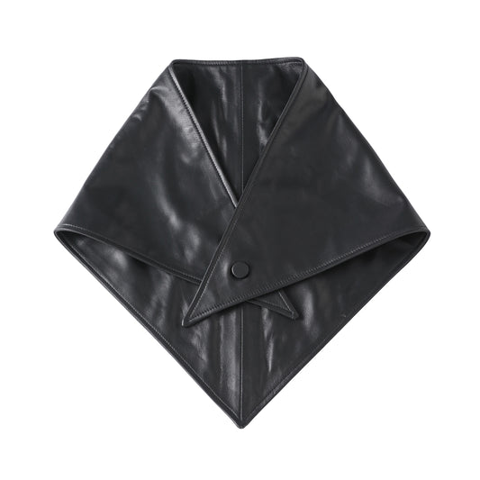 A black leather bandana or scarf with a triangular flap closure secured by a single button